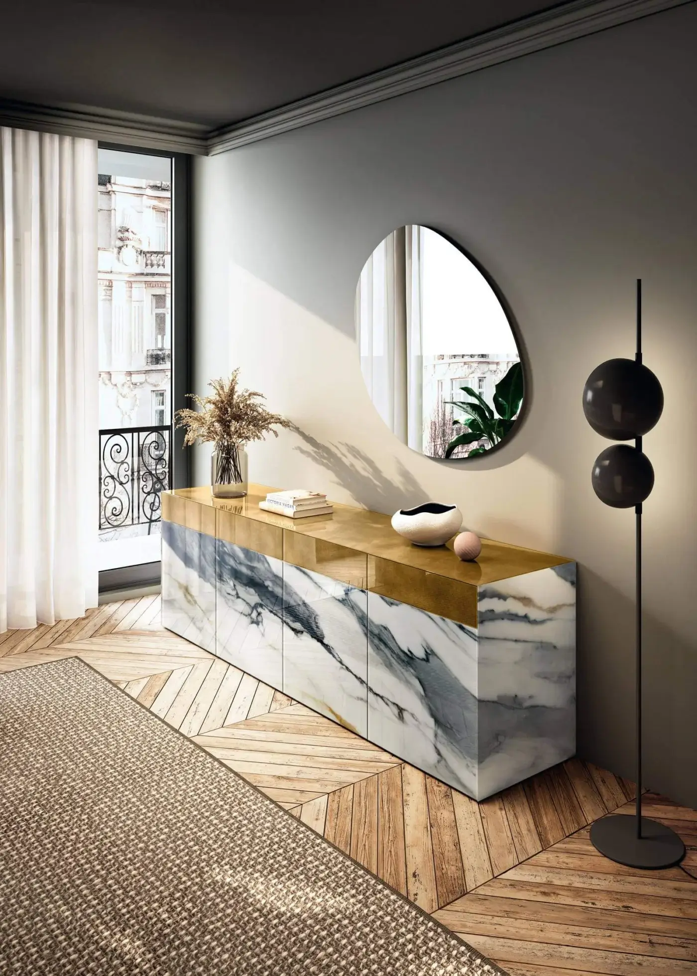 Superior Lago Materia sideboard with XGlass marble and gold glossy surface exhibiting a white grey swirling facade