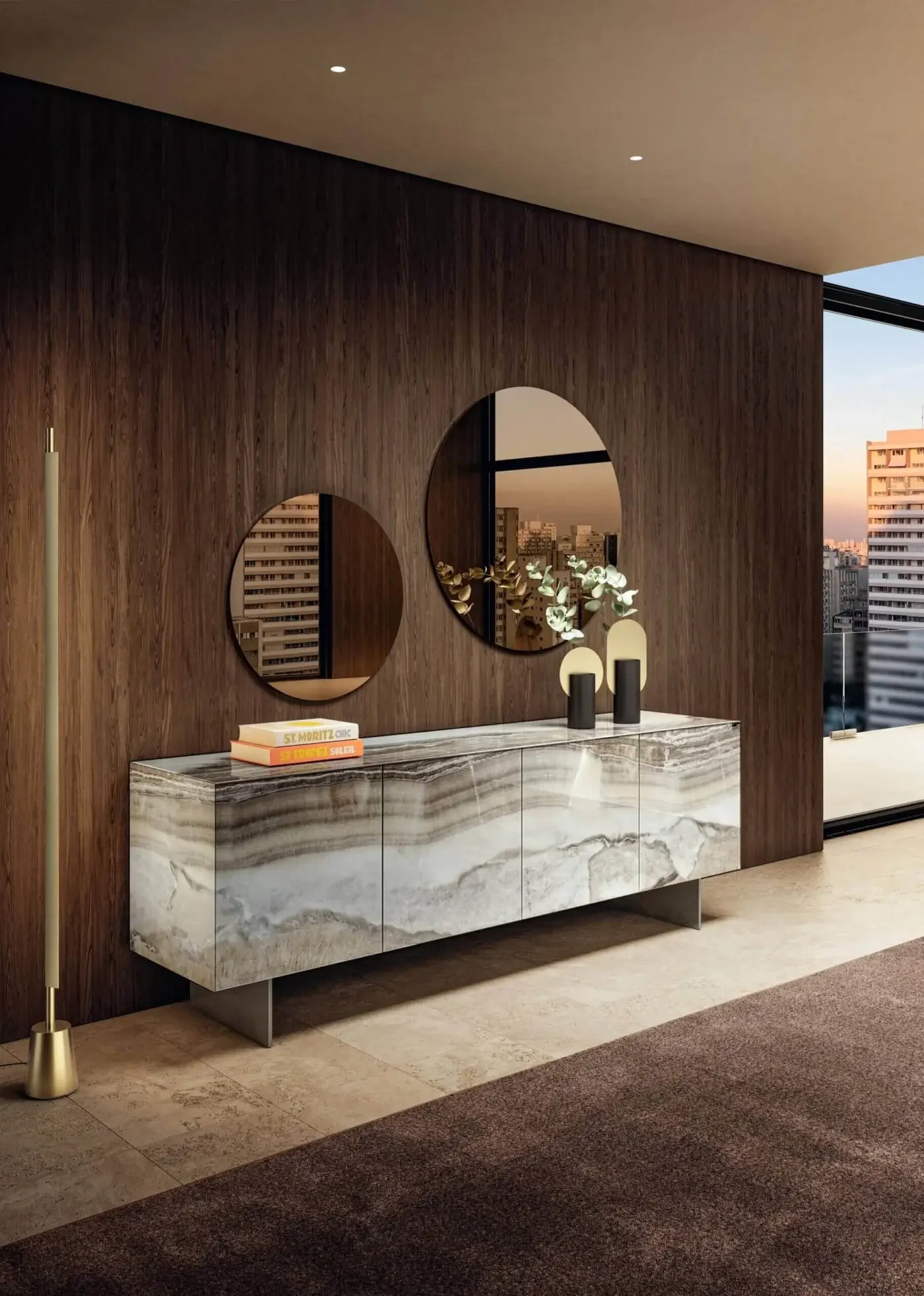 Elegant Lago Materia sideboard with legs in XGlass marble exhibiting swirling white, gray, and beige tones with a stainless steel base