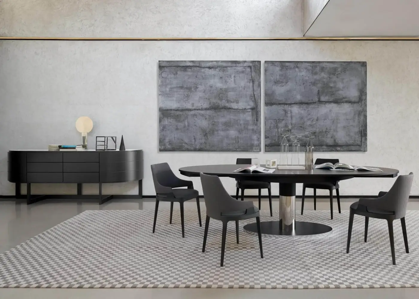 Elegant Potocco Diva sideboard with curved doors and multiple drawers in matte black oak and a linear black base