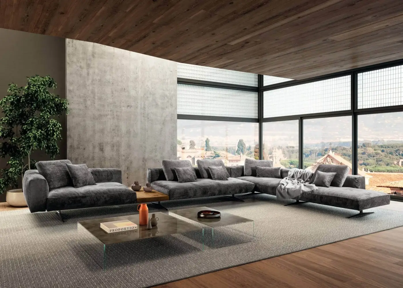 Superior Lago Air Soft sectional with dark gray plush fabric upholstery and a low metal base
