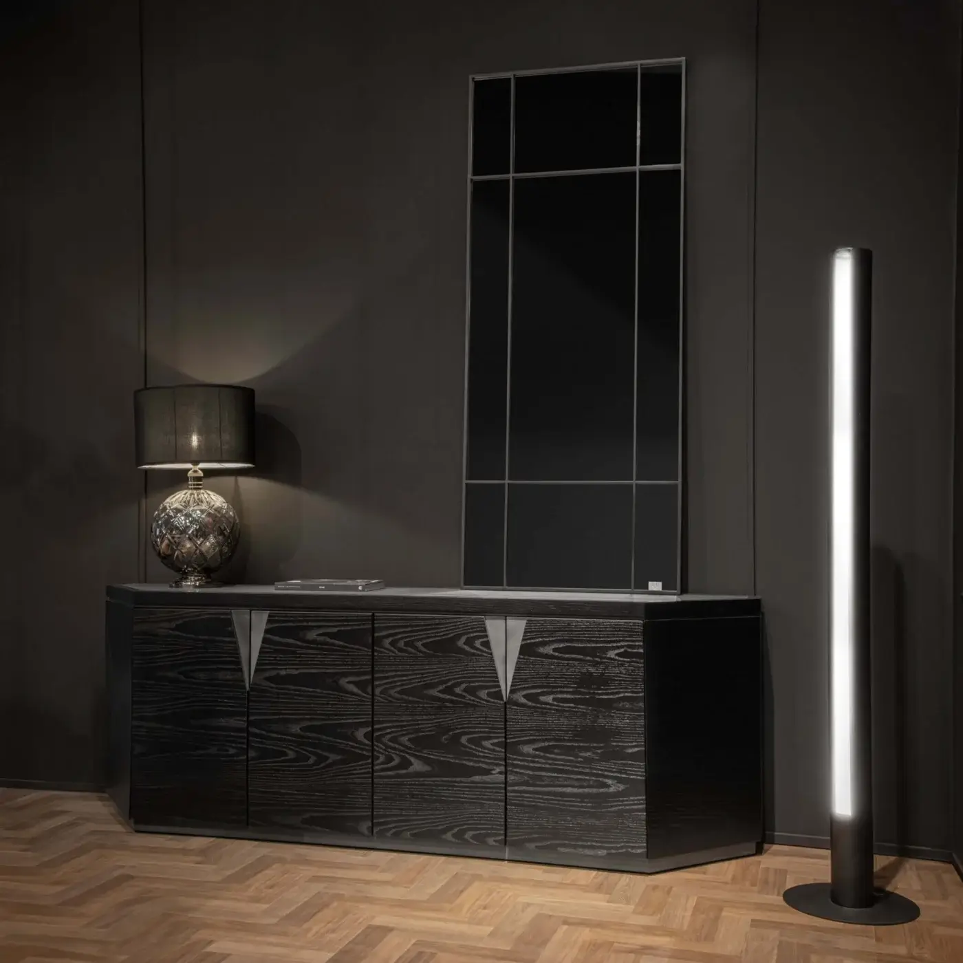 Distinguished Wayne Enterprises WE-148 sideboard with ceramic marble top and wood veneer frontal panels in dark gray finish