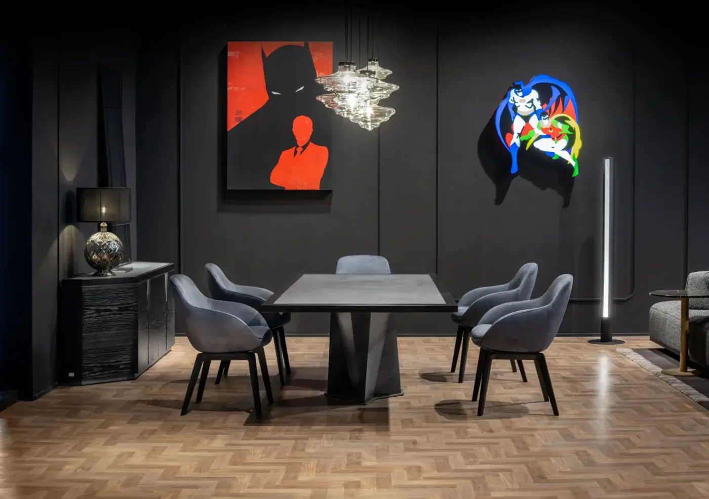 Captivating WAYNE Enterprises WE-148 sideboard with ceramic marble top, wood veneer frontal panels and metallic lacquered base