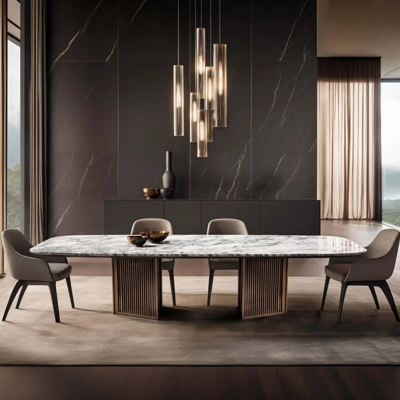 Oval marble dining table with ribbed wood base, surrounded by six grey chairs, in a room with grey tiled walls and brass chandelier.