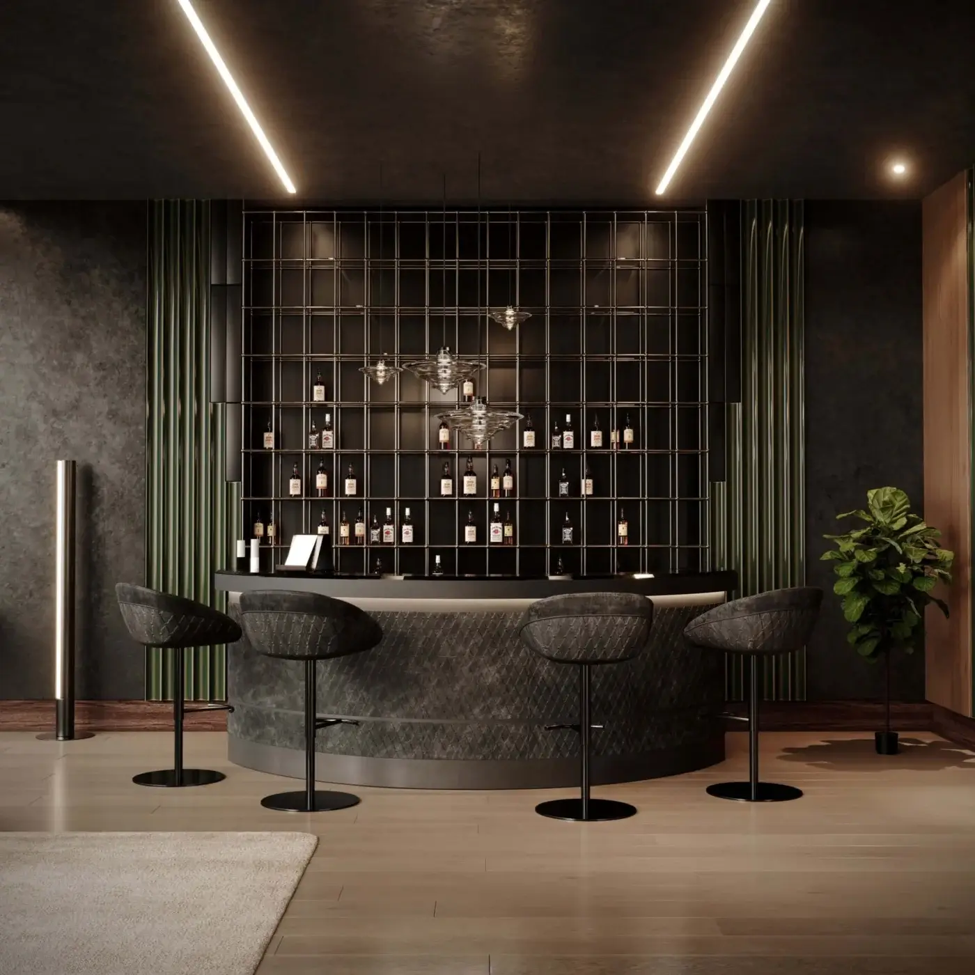 Exceptional WAYNE Enterprises WE-140 stool upholstered in dark textured fabric with a sleek matte black metal structure crafted in Italy