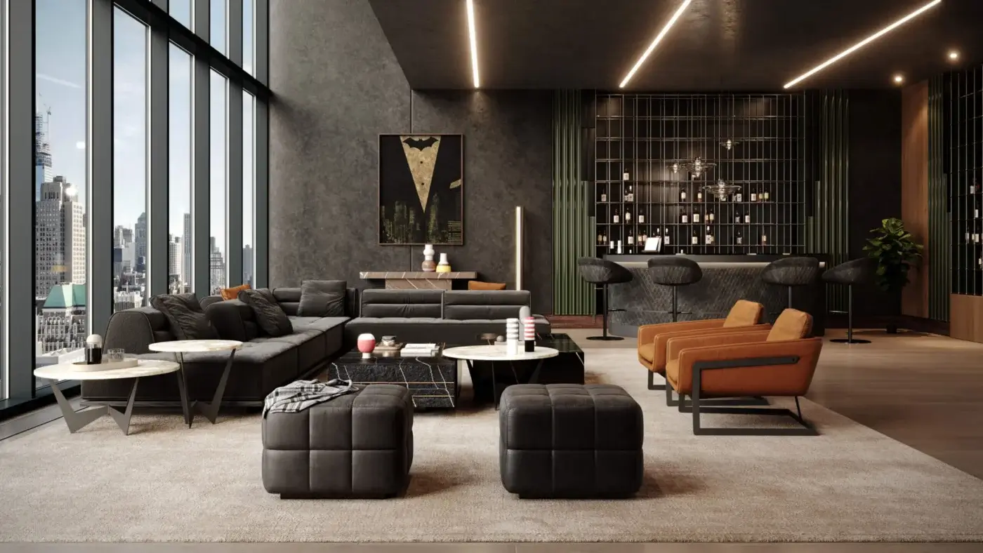 Superior WAYNE Enterprises WE-152 stool crafted in Italy with marble and dark textured upholstery with a matte finish