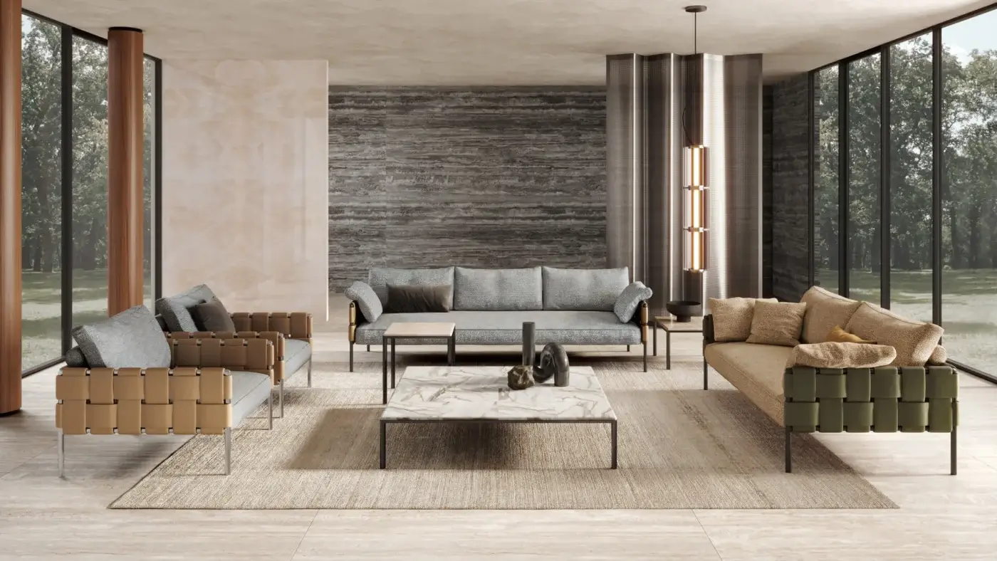Captivating Turri Ratio lounge chair with light brown woven leather and luxurious gray textile cushions