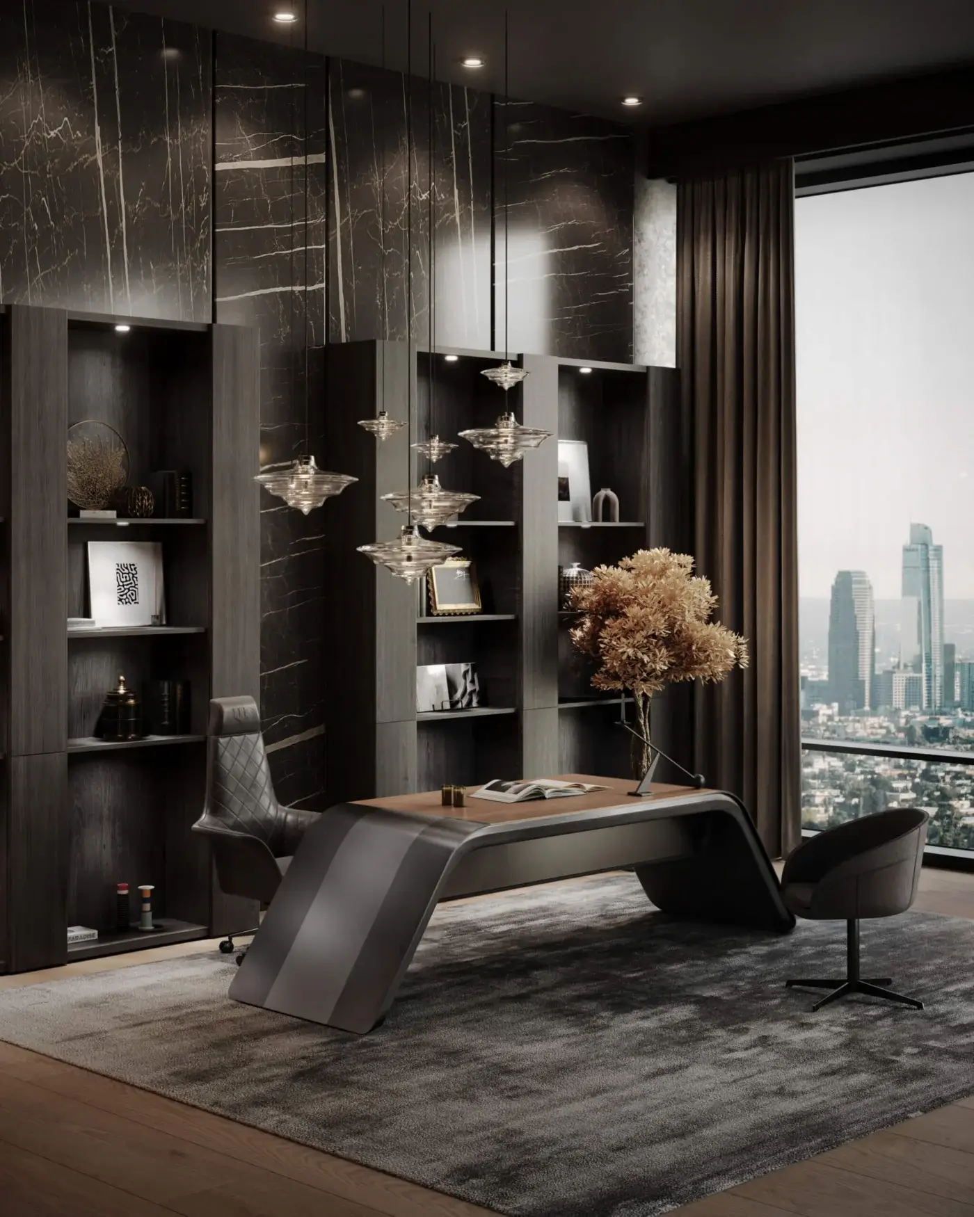 Captivating WAYNE Enterprises WE-171 bookcase crafted with dark wood veneer, integrated lighting and a stained finish