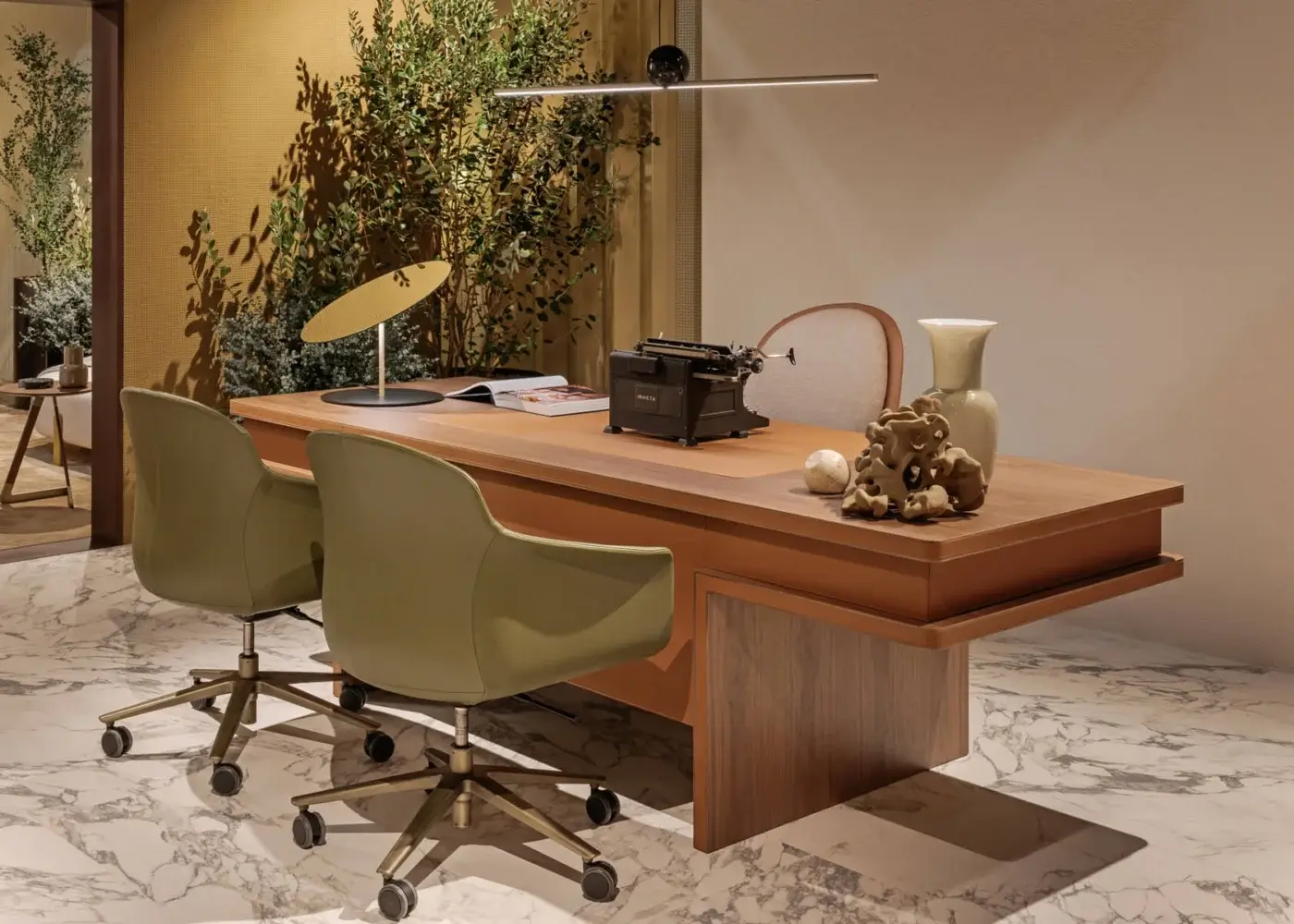 Elegant Turri Echo desk with light-toned walnut wood top, darker wood base and recessed leather-lined drawers with matte finish