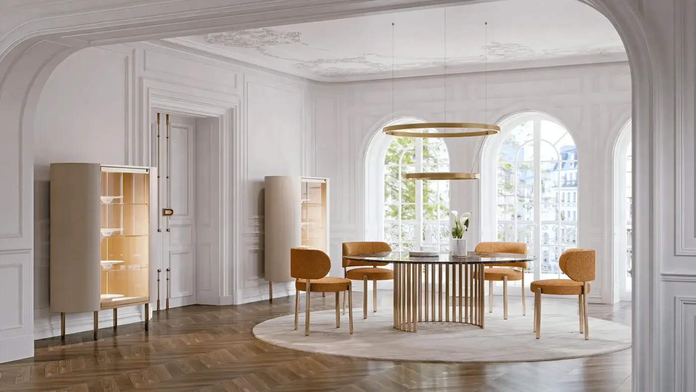 Superior Turri Roma table with glossy lacquered wood top and vertical gold-toned metal tube base