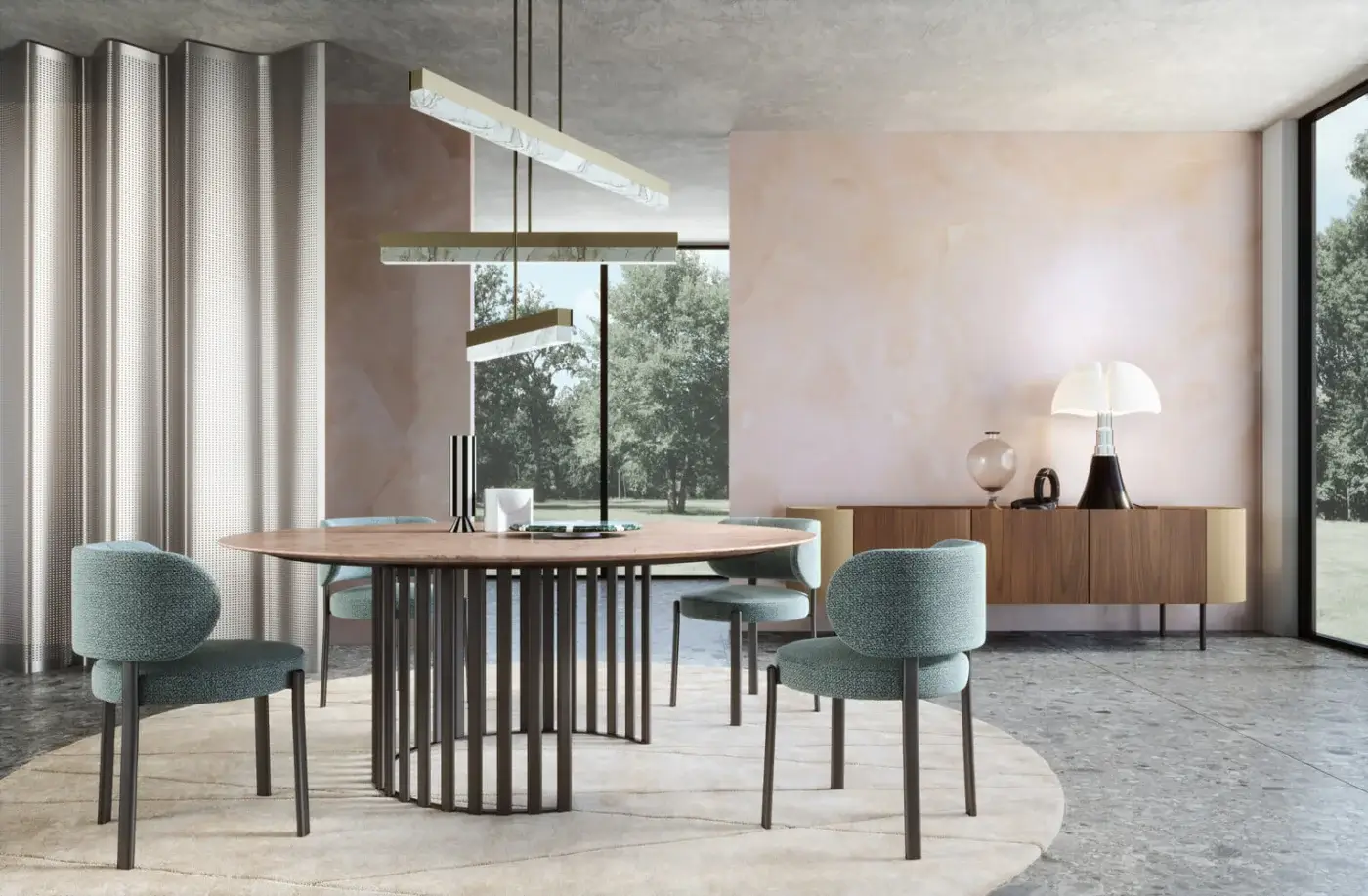 Distinctive Turri Roma table with warm brown glossy lacquered wood and dark bronze finished metal tubes