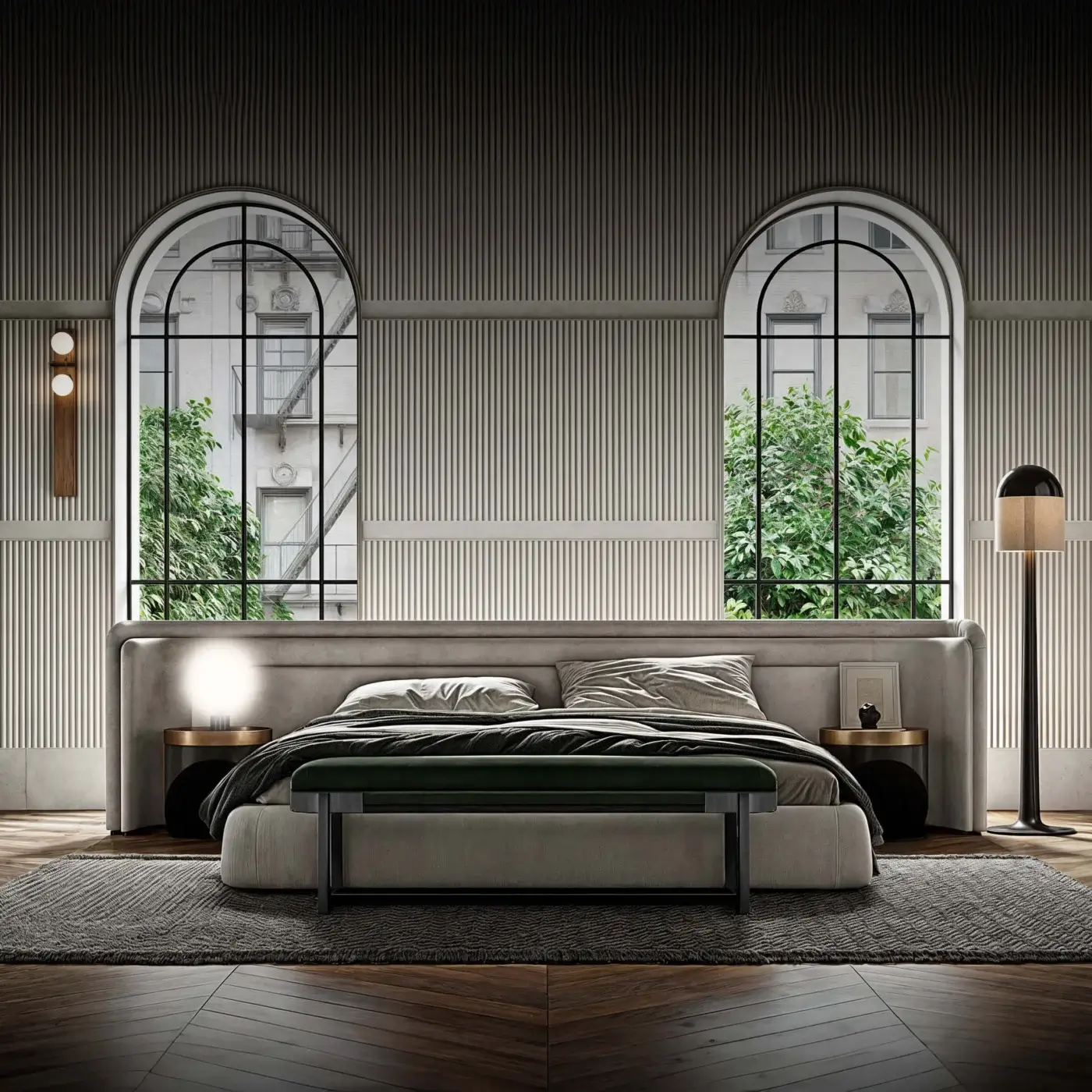 Distinguished WAYNE Enterprises WE-078 bed with light beige textile upholstery and smooth matte finish