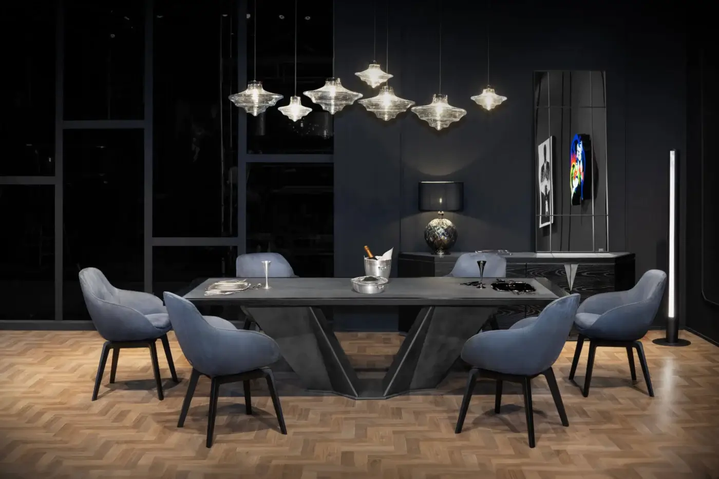 Exceptional WAYNE Enterprises WE-002 suspension lamp crafted in extra clear crystal and metal with curved geometric form