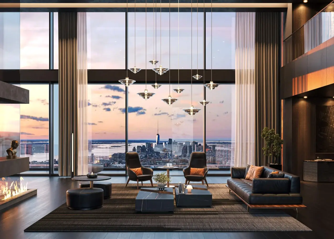 Distinguished WAYNE Enterprises WE-126 floor lamp with suspended clear fixtures and lacquered interior crafted in Italy