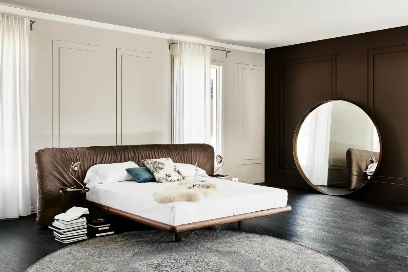 Distinguished Cattelan Italia Marlon bed with a Canaletto walnut frame and deep brown tufted textile headboard