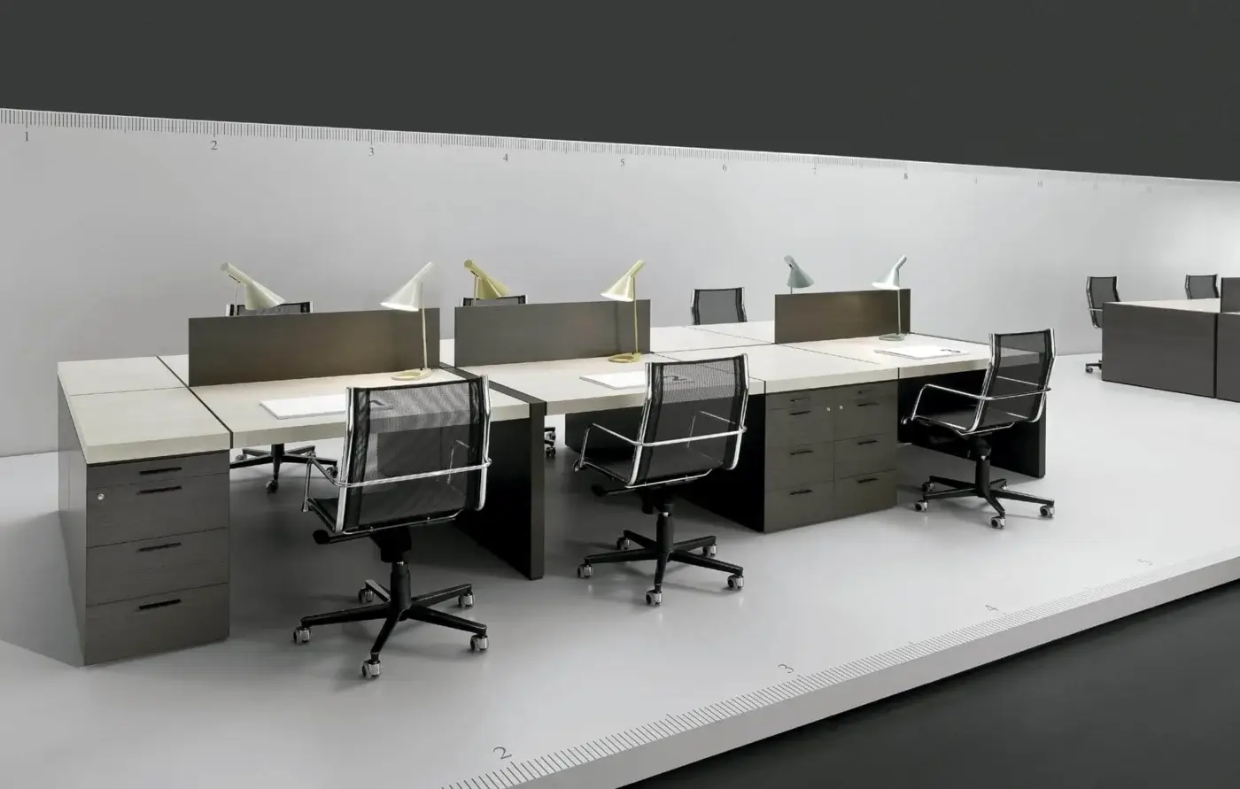 Distinguished 4 Mariani Blade desk crafted with saddle leather and medium gray-brown wood in a matte finish