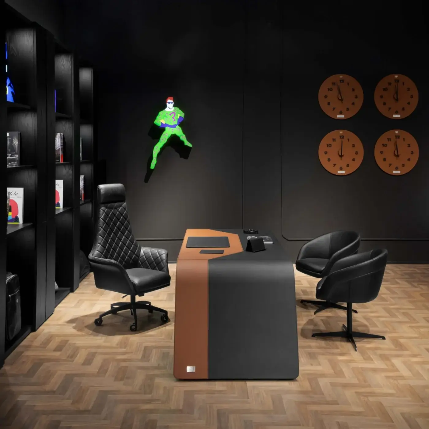 Distinctive WAYNE Enterprises WE-250 Wall Clock crafted in tan wood with black numerals and leather upholstery