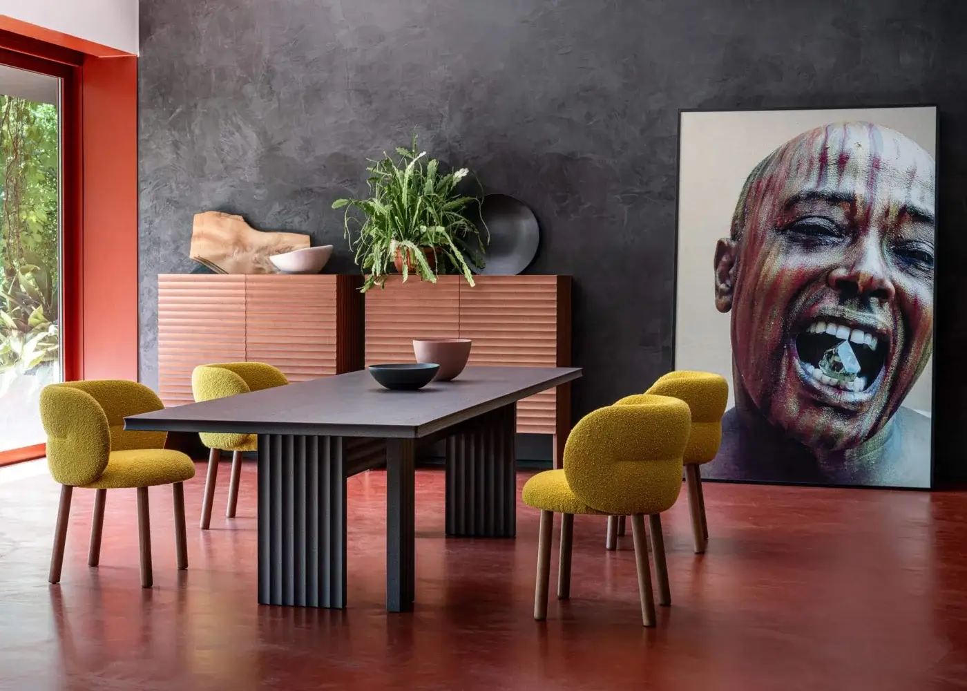 Distinguished Moroso Getlucky chair with welcoming design in mustard yellow textured fabric and varnished ash wood legs