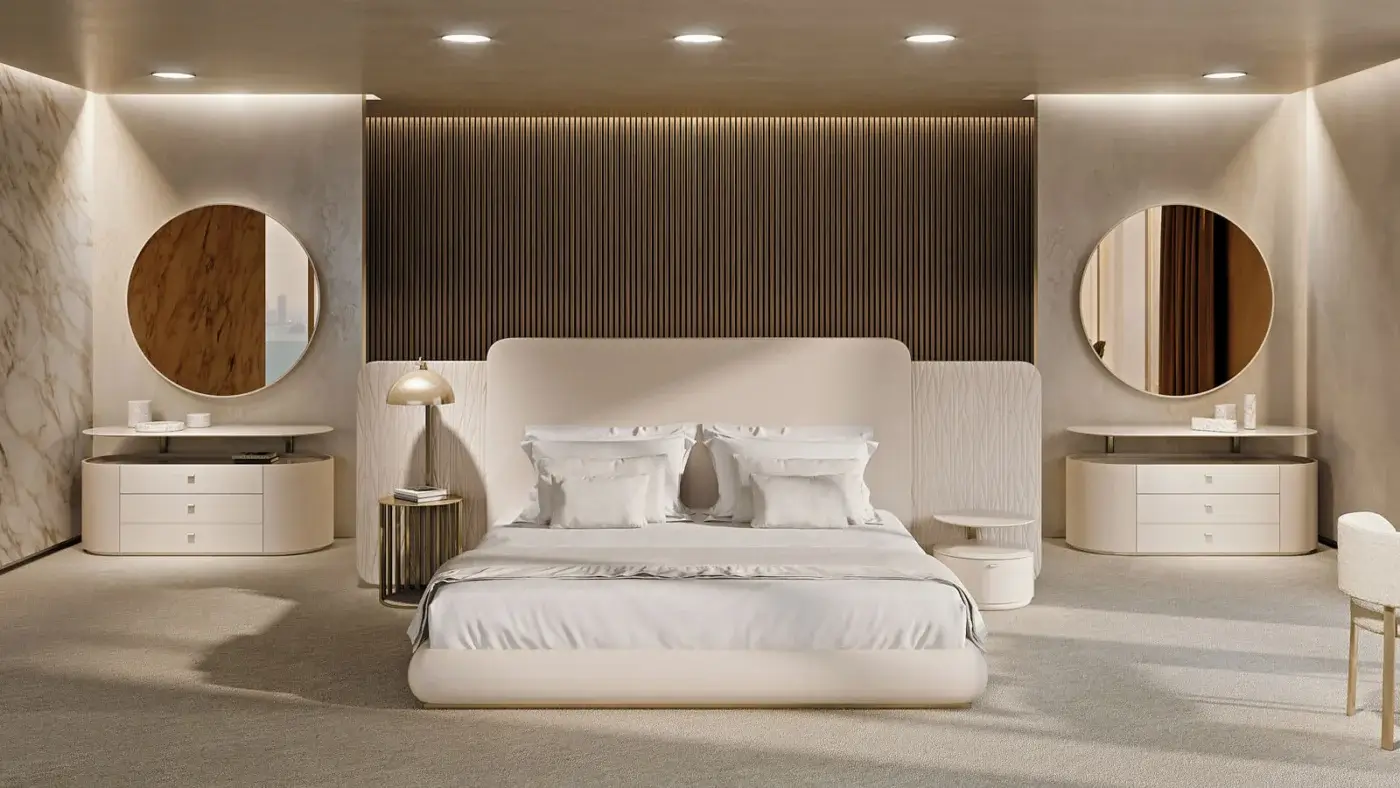 Exceptional Turri Roma mirror with circular form and light beige glossy lacquered wood frame