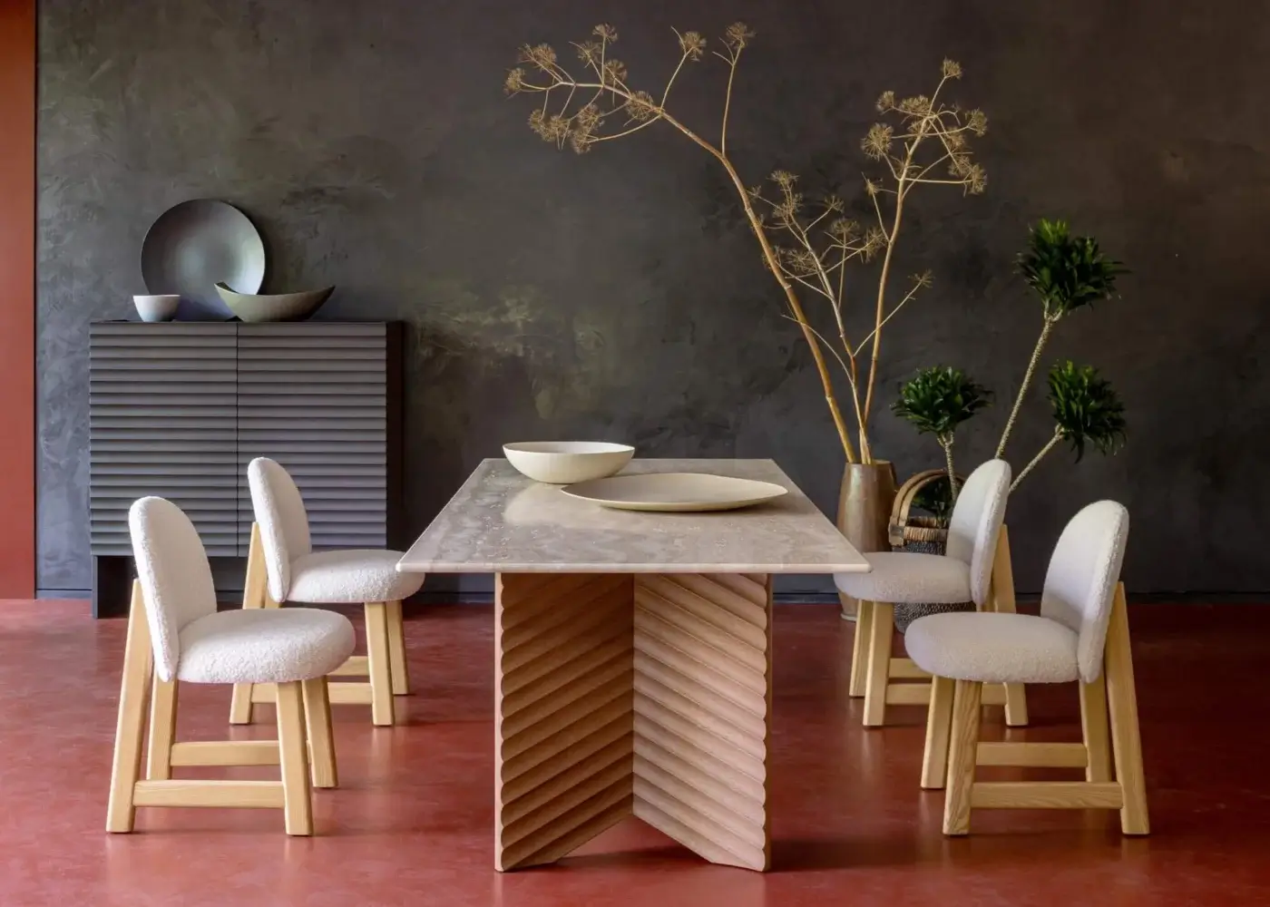 Distinguished Moroso Pheaby chair in painted ash with light-colored textile upholstery and squared legs built with horizontal supports