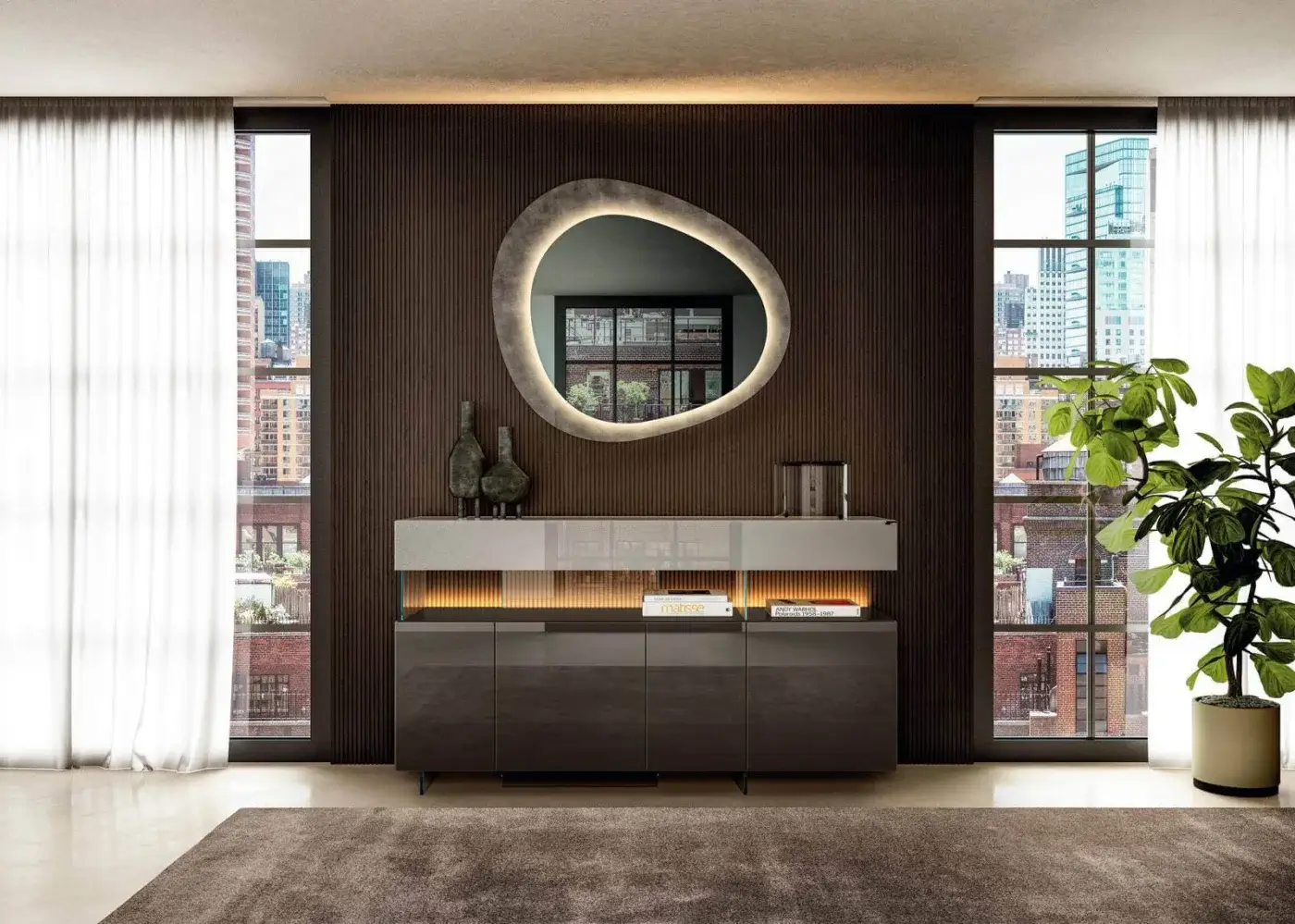 Captivating Lago Air sideboard with dark gray finish and light gray horizontal accent built with transparent tempered glass and XGlass technology