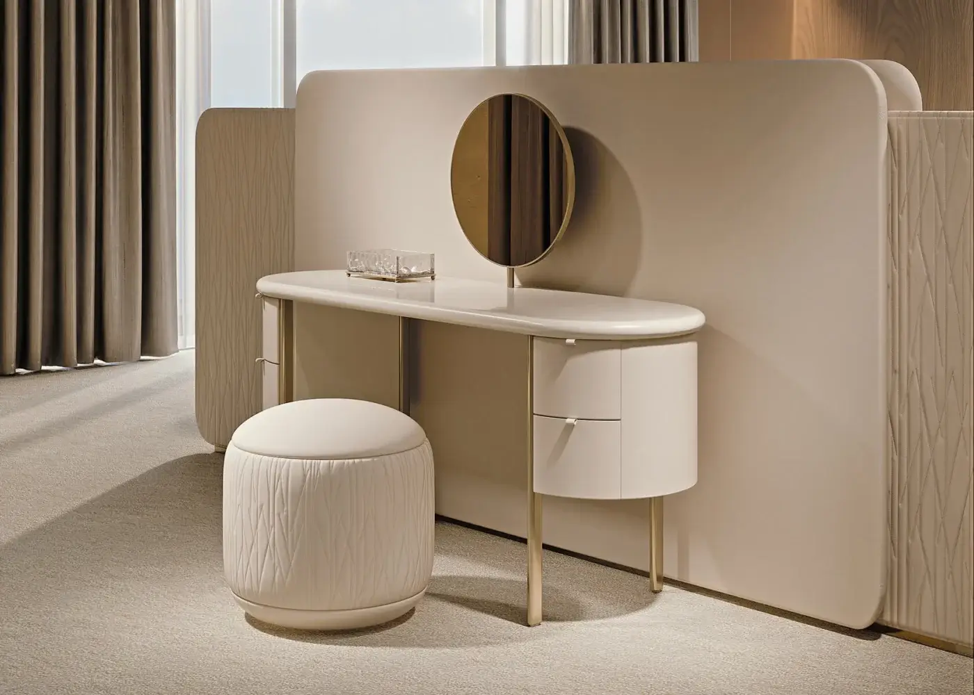 Superior Turri Roma ottoman with light beige textile upholstery and embossed vertical lines showcasing geometric embroidery