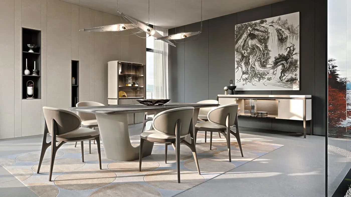 Sophisticated Turri Pinnacle table with a smooth dark composite top and sculptural walnut wood with Italian leather base