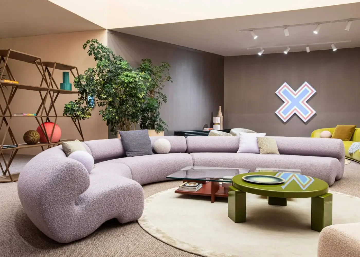 Captivating Moroso Gruuve sofa with fluid lines upholstered in light lavender fuzzy textile and Polimex® base