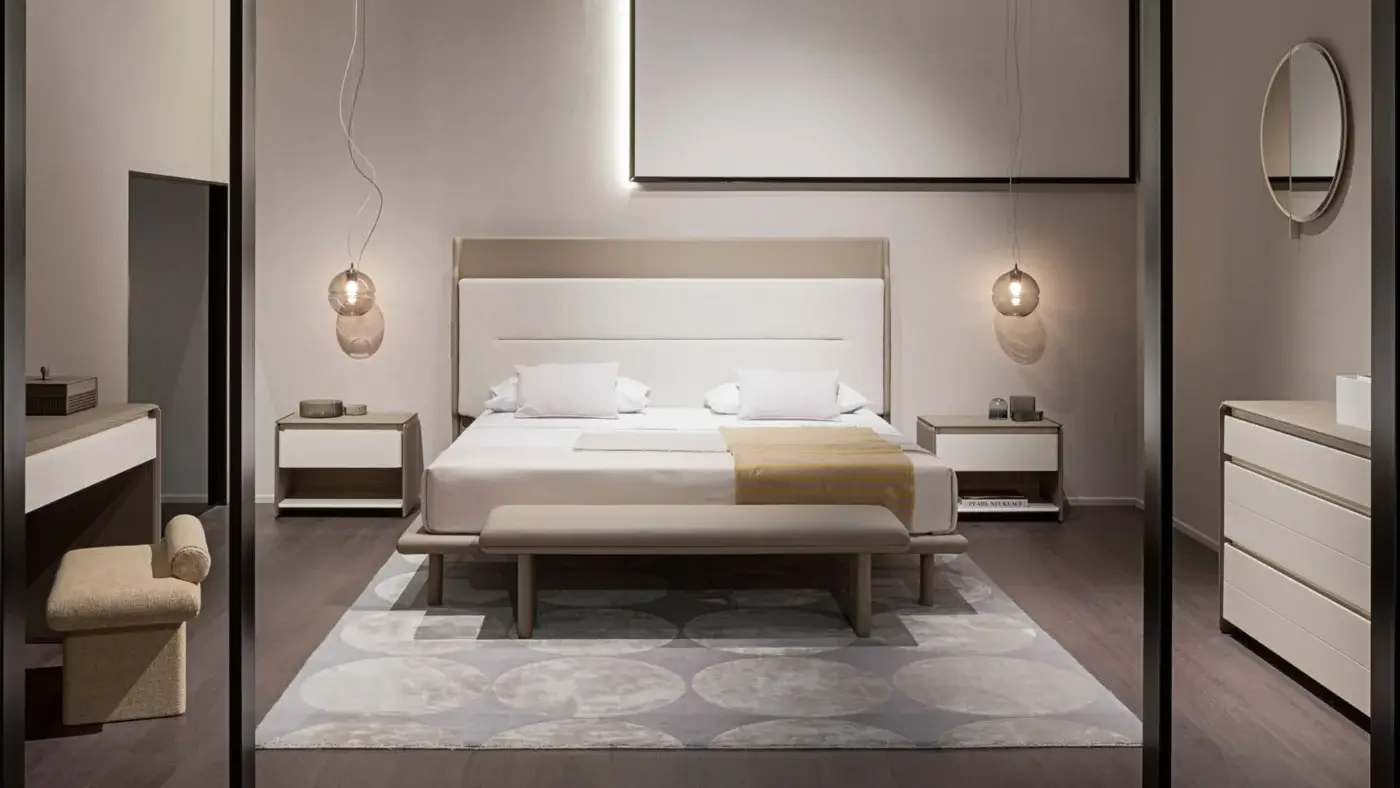 Superior Turri Zero ottoman with light beige textured fabric upholstery and minimalist Italian design