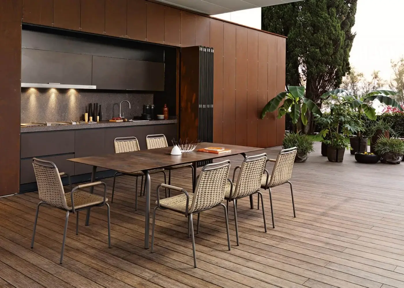 Distinguished Roberti Rattan Portofino armchair with light beige woven nautic rope and matte gray powder coated aluminum frame