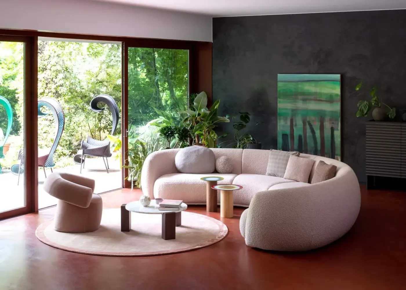 Superior Moroso Pacific sectional crafted in Italy with light pink textured textile and curved organic forms