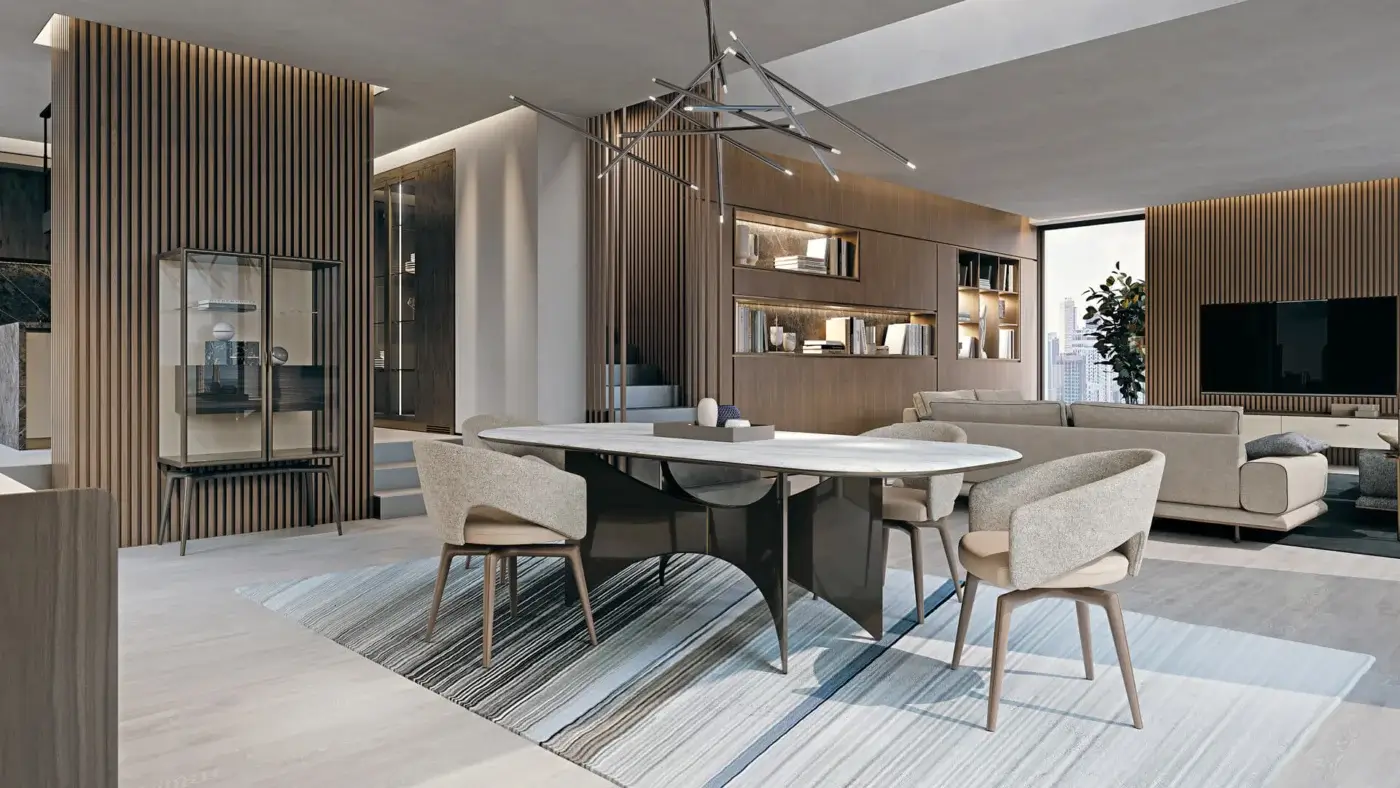 Exceptional Turri Blues table with a smooth marble top and sculpted walnut wood base featuring metal detailing
