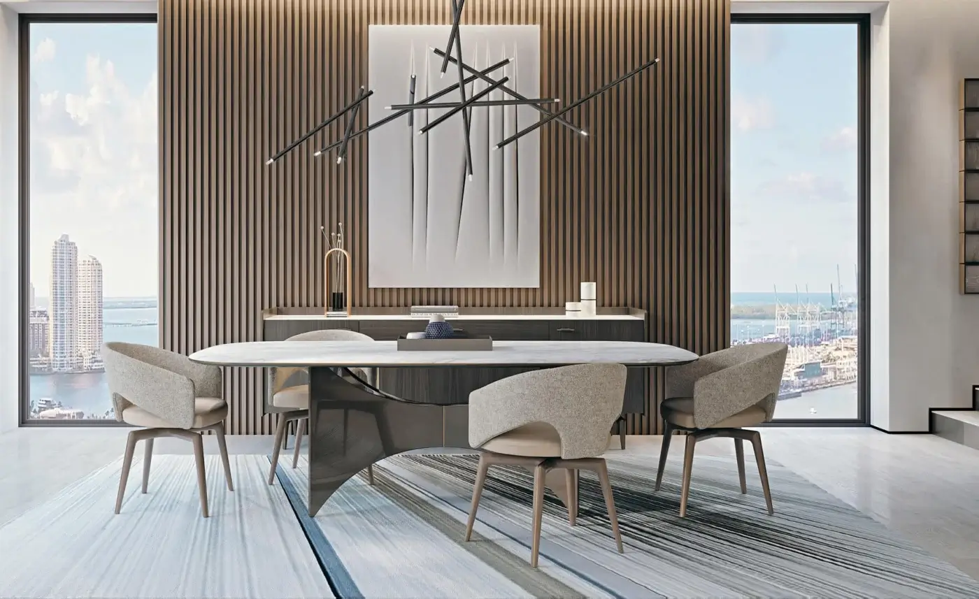 Superior Turri Blues table with sculpted walnut base and light marble-like stone top crafted with metal detailing