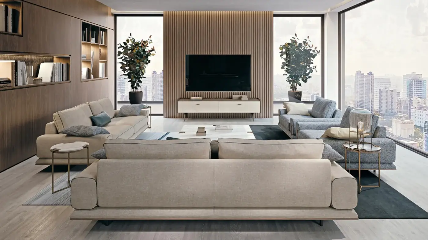 Distinguished Turri Blues TV stand with walnut wood structure and natural wood top, showcasing handle-less cabinet doors and dark metal legs