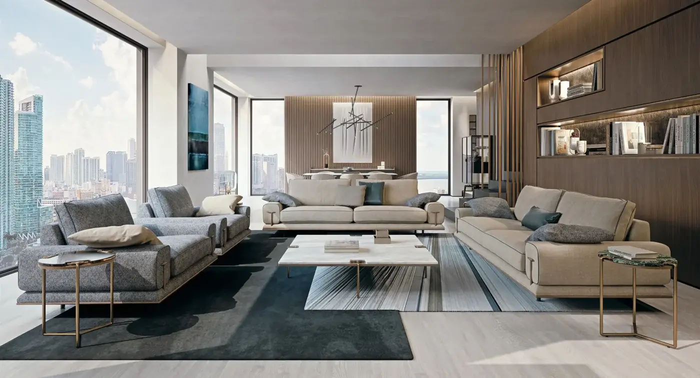 Exclusive Turri Blues coffee table with light marble upper top and wood under top cradled by gold-tone tubular metal structure