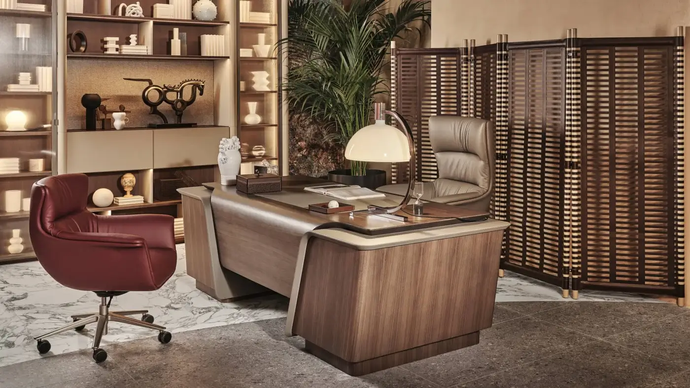 Superior Turri Blues desk crafted from walnut wood and leather with a smooth matte finish and curved geometric lines