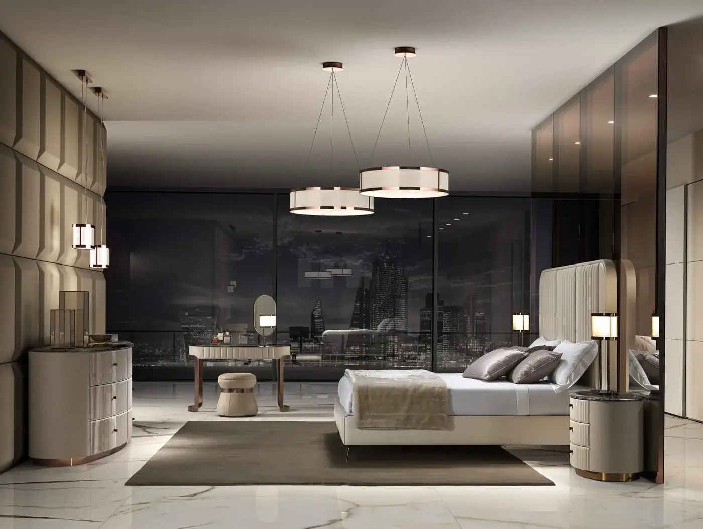 Sophisticated DV Home Collection Hollywood bed with light cream textile upholstery and refined steel inserts crafted in Italy