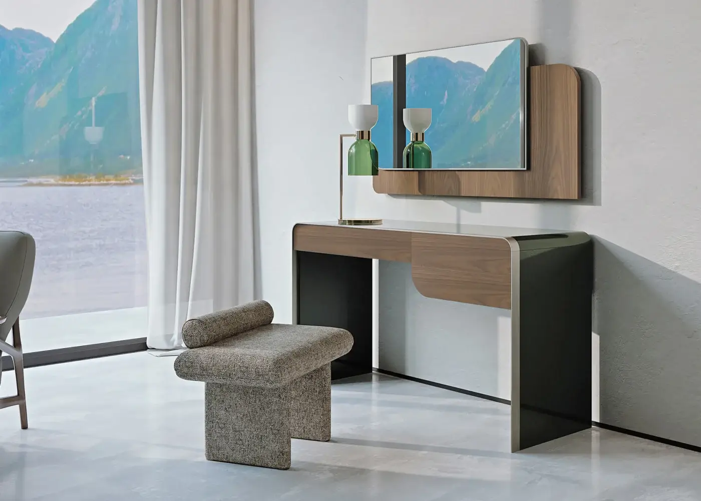 Distinguished Turri Soul mirror with walnut wood veneer and curved edges reflecting clear light