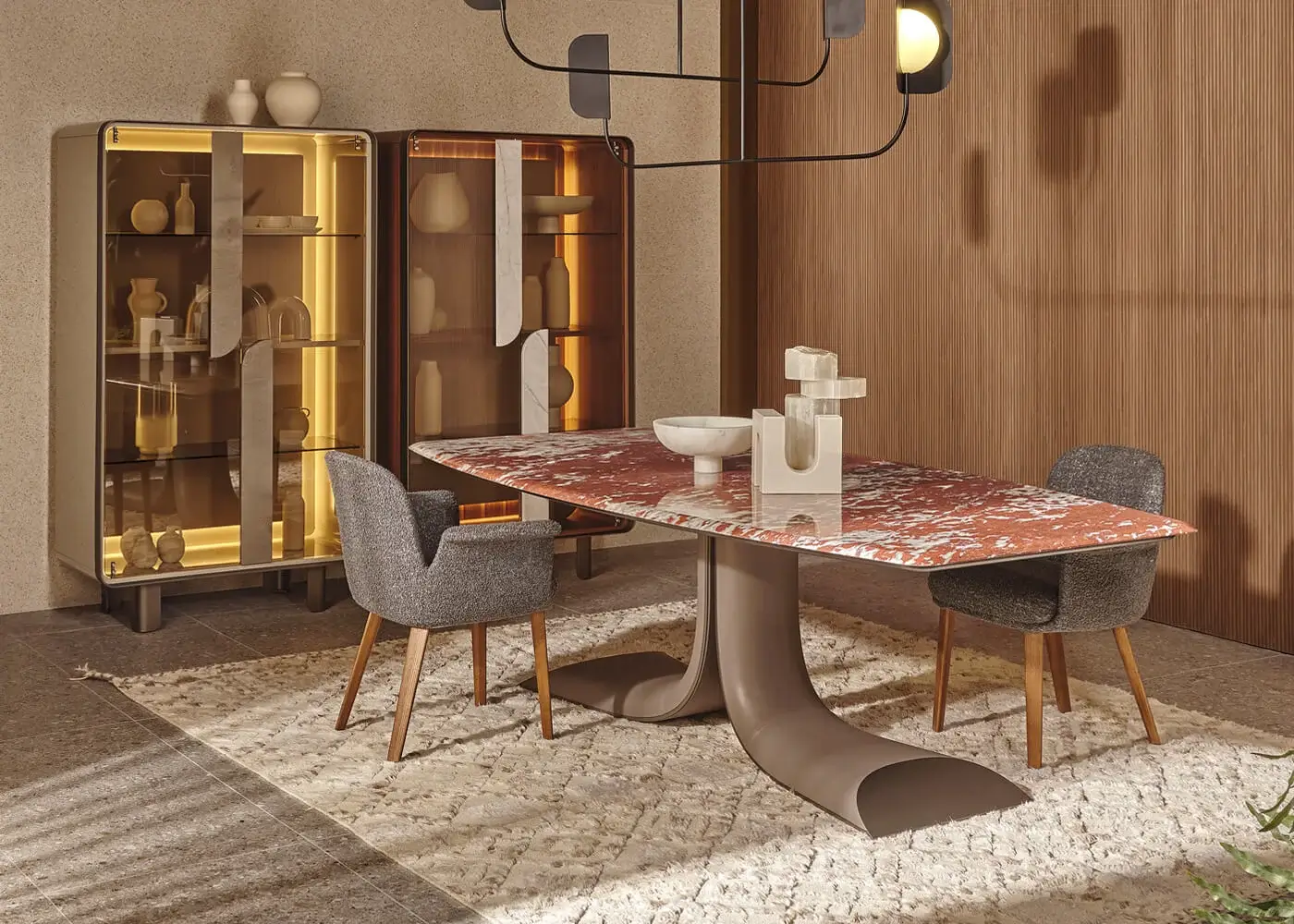 Exceptional Turri Soul table with serpentine leather base and red and white mottled marble tabletop in glossy finish