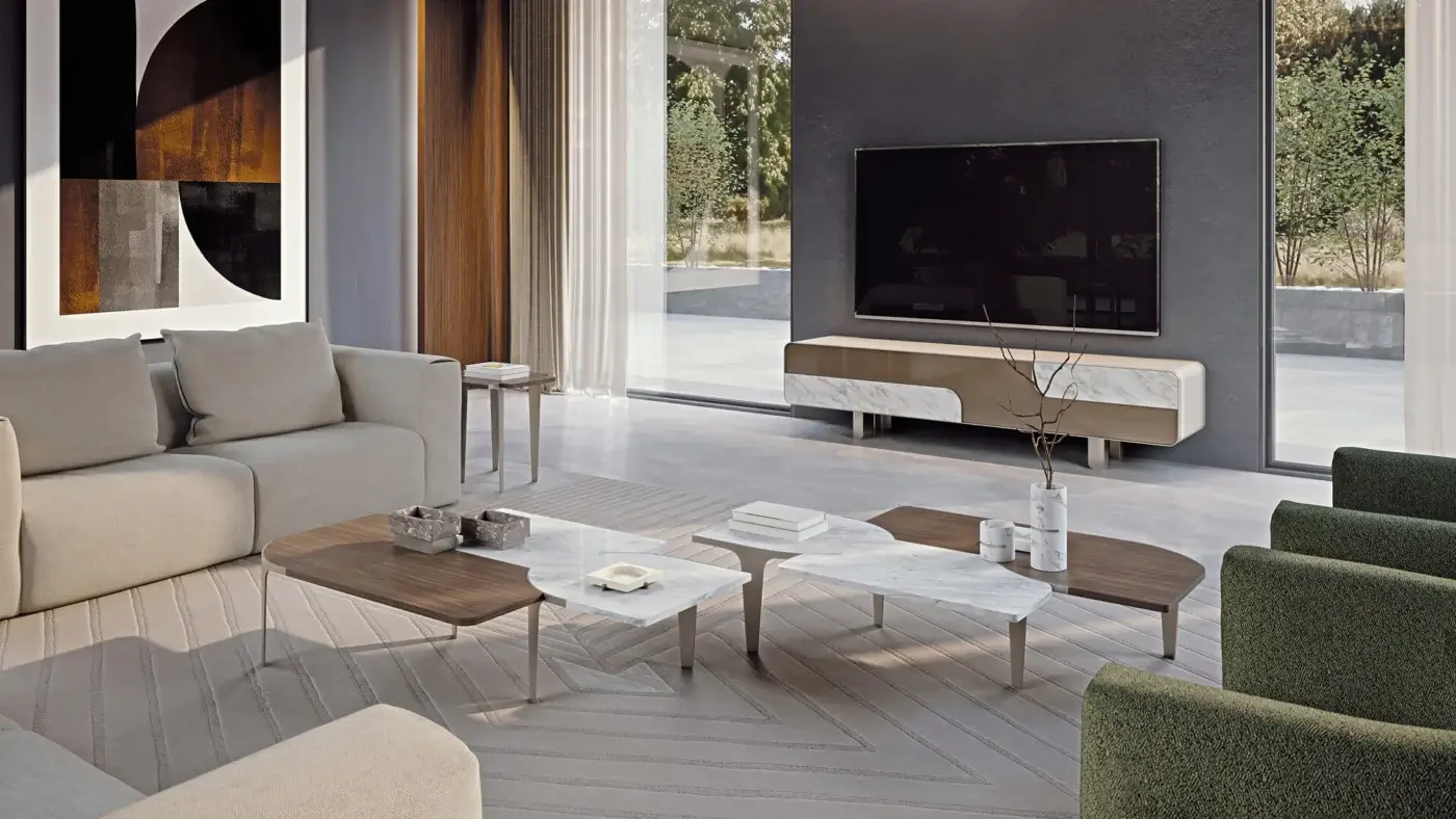 Superior Turri Soul TV stand with walnut inserts, glossy beige lacquered structure and white marble accents