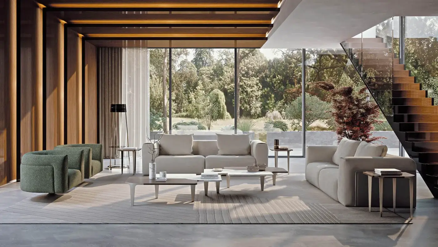 Lavish Turri Soul coffee table with light metal legs and a composite top showcasing dark brown wood with off-white marble