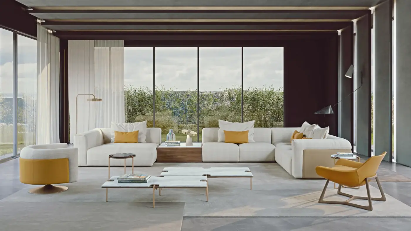 Distinctive Turri Soul lounge chair with curved silhouette in light gray textile and mustard yellow leather with circular metal base