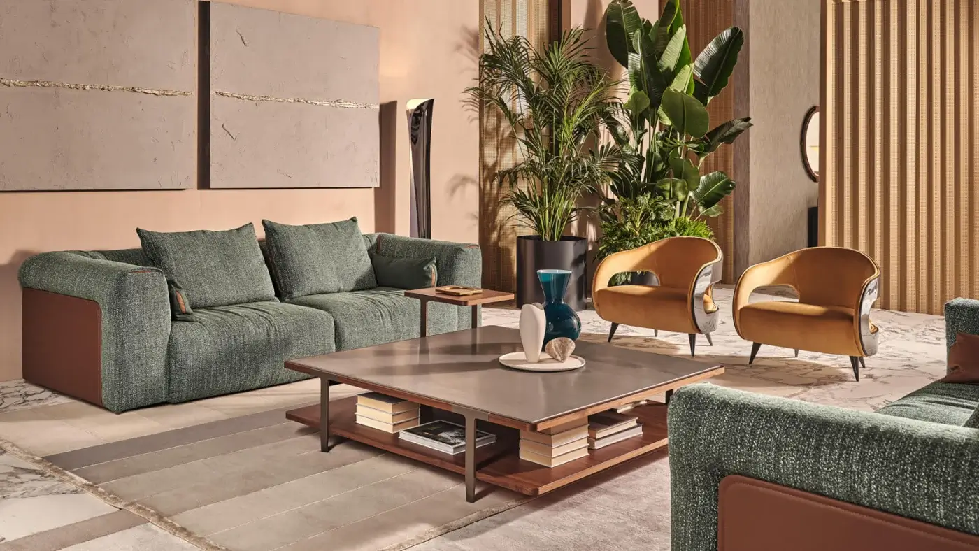 Superior Turri Soul sofa crafted in muted green woven textile with smooth brown leather accents
