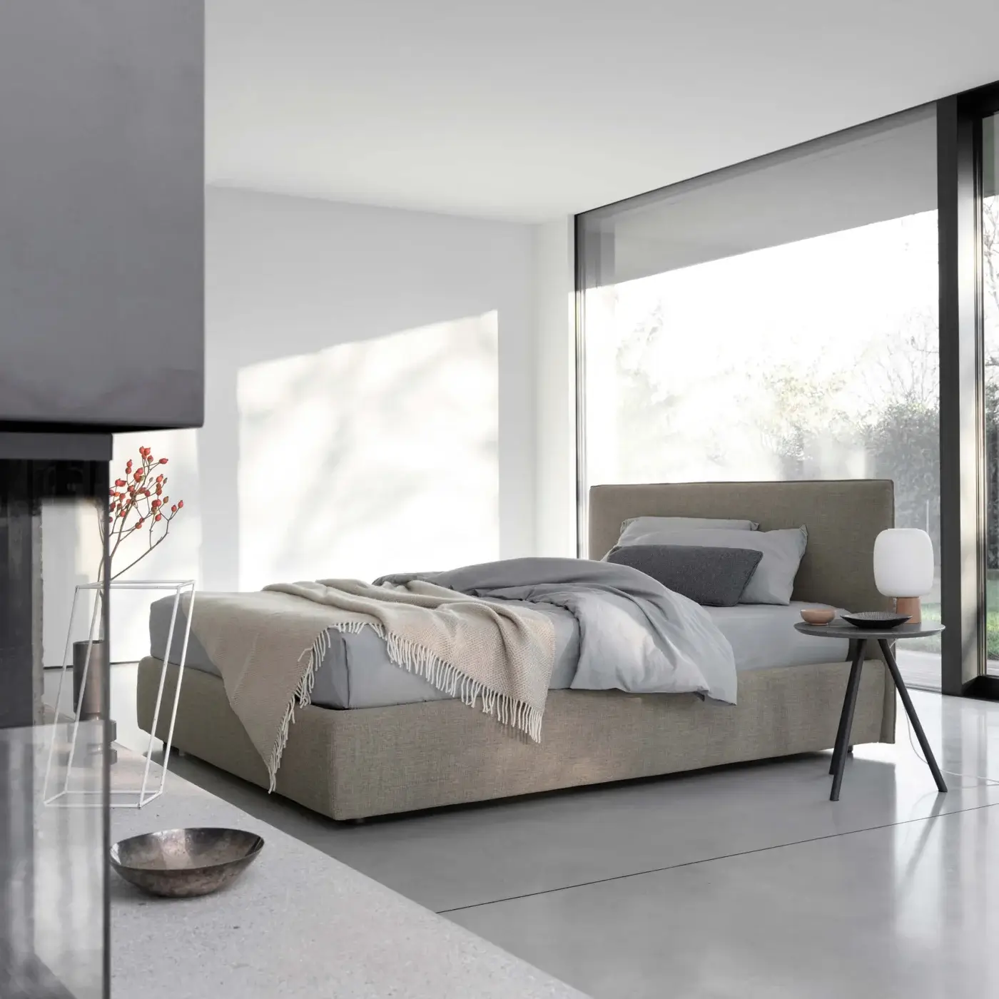 Timeless Bolzan Letti Gaya bed upholstered in light beige textured textile with firwood structure and removable cover
