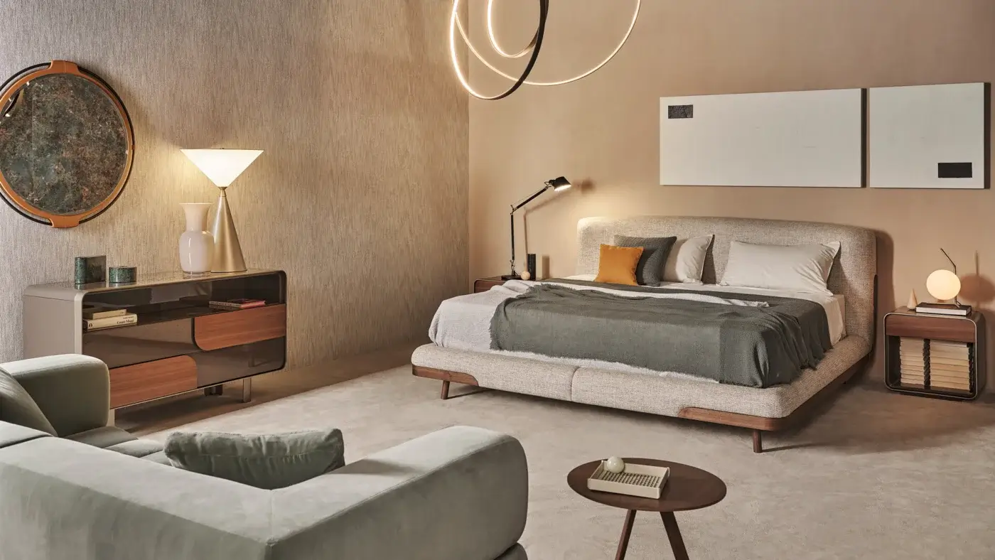 Elegant Turri Soul dresser with muted gray glossy lacquer and warm walnut wood drawers built with a sleek metal frame