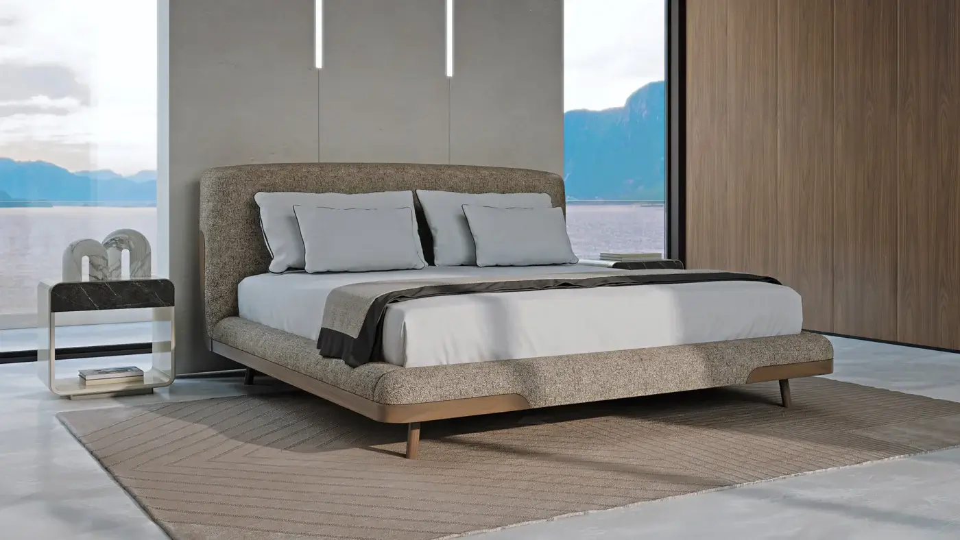 Elegant Turri Soul nightstand with light beige frame, walnut drawer front and dark stone-like top surface