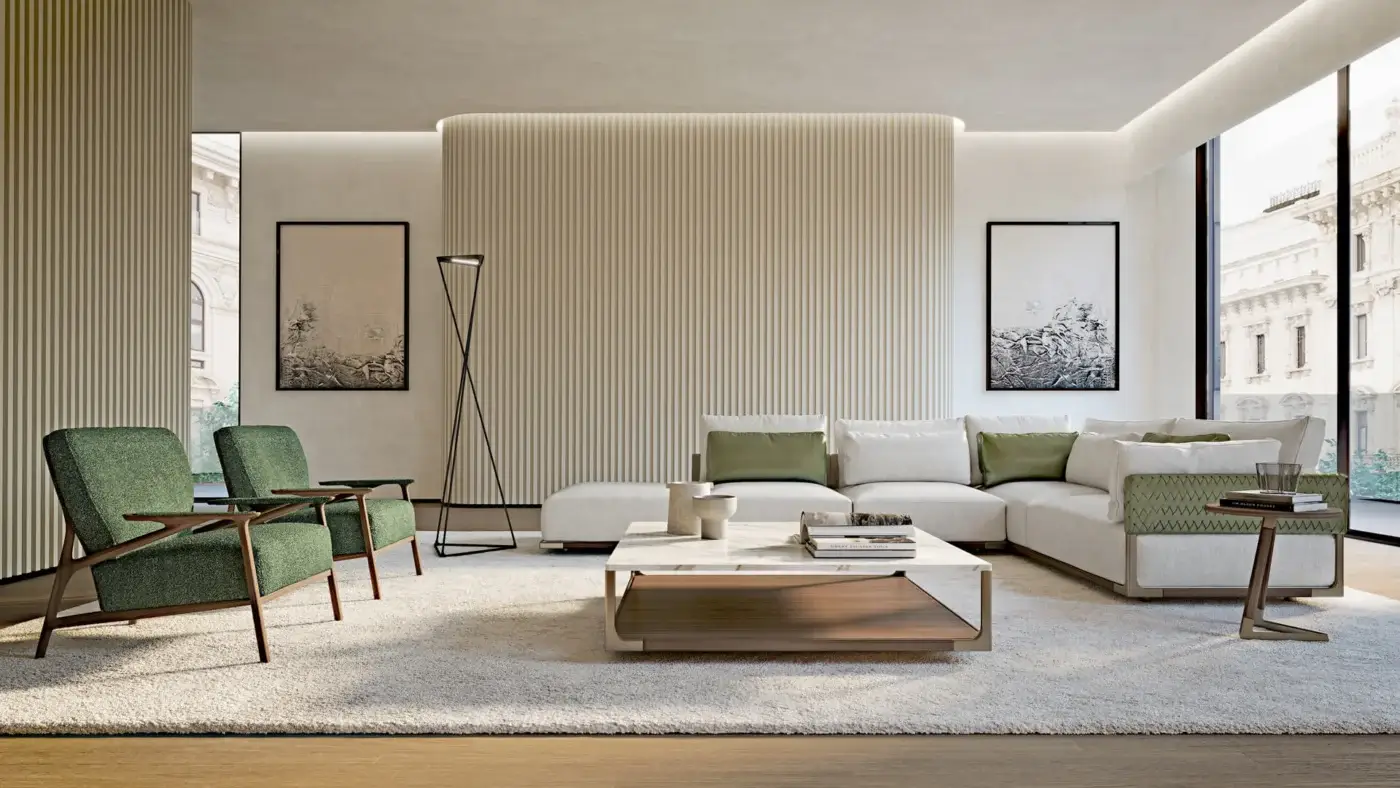 Exclusive Turri Drum coffee table with a white marble top and smooth matte wooden shelf built with light metal profiles