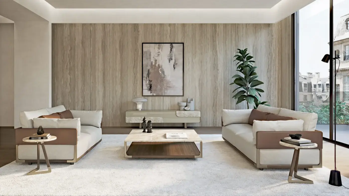 Distinguished Turri Drum coffee table with light marble and darker wood, supported by refined metal profiles