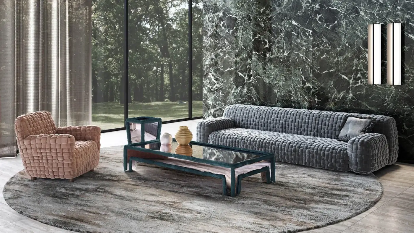 Elegant Turri Azul lounge chair with light peach woven velvet and handcrafted macro weave finish