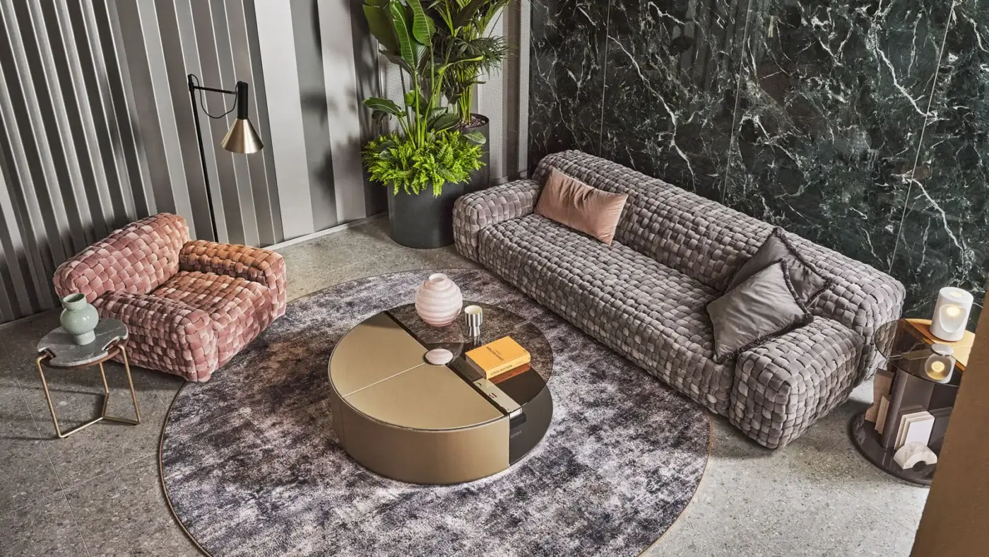 Distinguished Turri Azul lounge chair with pink velvet macro weave and meticulous handcrafted construction