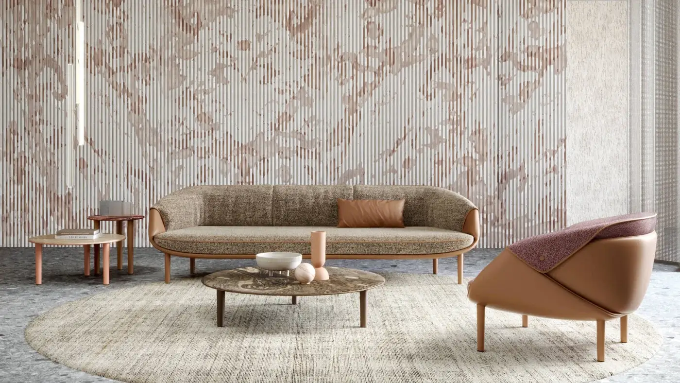 Superior Turri Riban lounge chair crafted in light brown leather-like material with reddish patterned textile upholstery